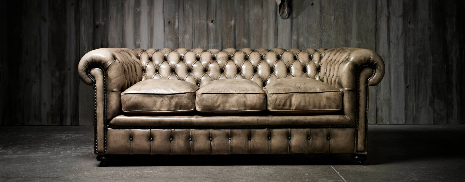 William Blake 3 seater hand coloured leather modern tufted chesterfield sofa